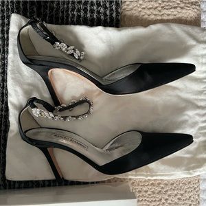 Manolo Blahnik Black Satin and Crystal Heels 38